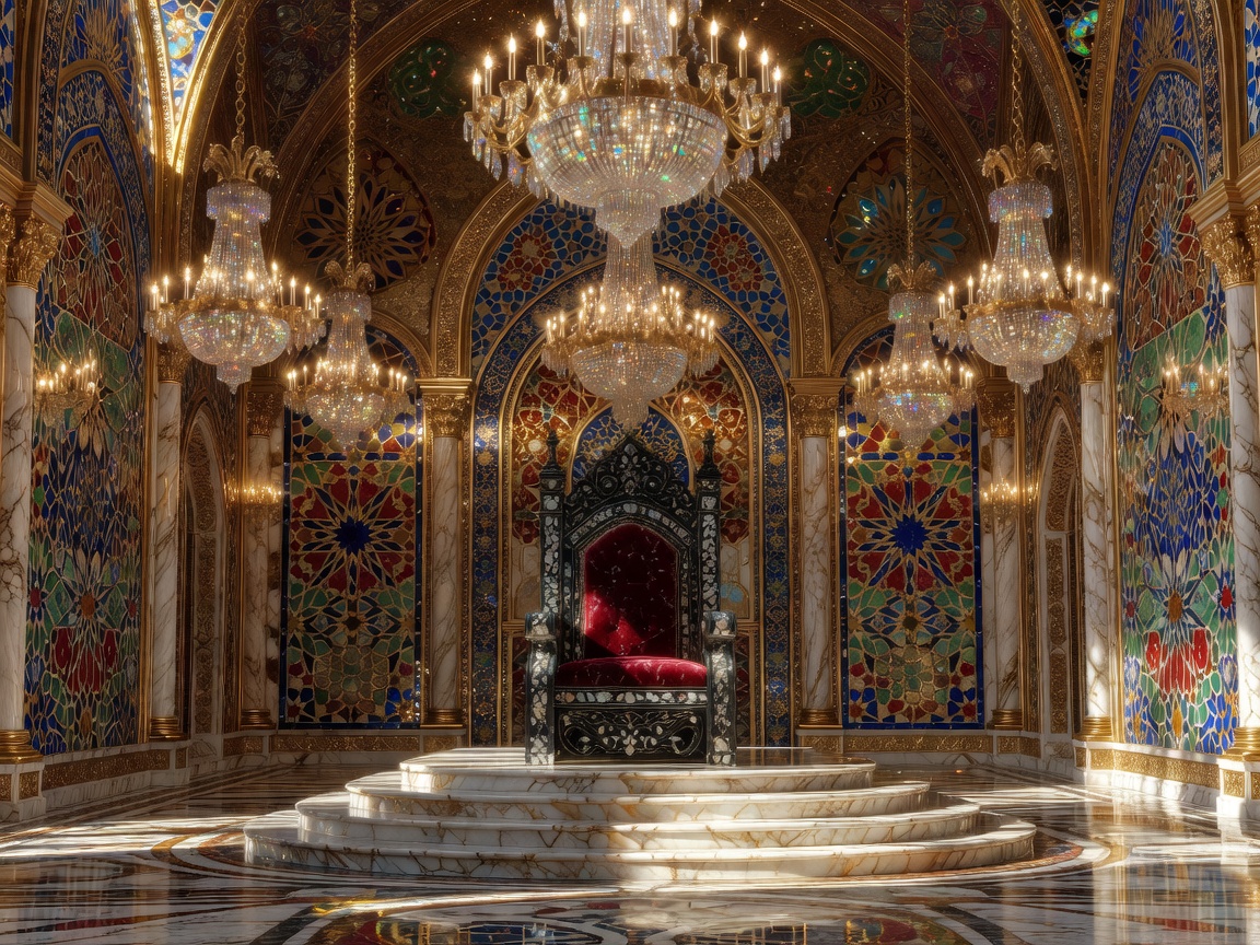 Royal throne hall with intricate geometric mosaics, elegant chandeliers, and rich golden lighting